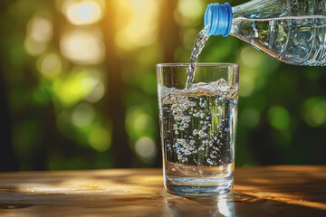 Glass of water placed on a table next to an open bottle of water in a well-lit indoor setting