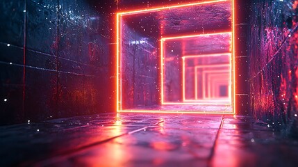 Wall Mural - Neon corridor, futuristic architecture, glowing squares, digital art.