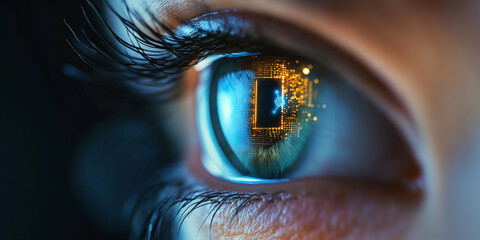 Poster - Human eye reflecting futuristic microchip and data flowing