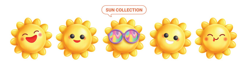 Poster - Sun icon clipart set. Yellow sun emoticon clip art in cute and happy facial expressions summer holiday collection graphic design vector illustration.
