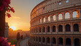 Majestic colosseum in rome at sunrise with flowers framing the scene