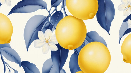 Aufkleber - Ripe yellow lemons hanging from branch with white flowers and blue leaves