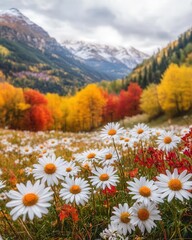 Wall Mural - bright autumn daisies flourishing in a mountain meadow, their vibrant petals standing out against the colorful backdrop of fall foliage and distant peaks