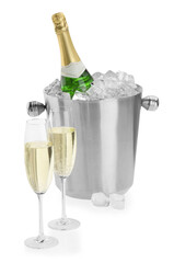 Wall Mural - Champagne in glasses and ice bucket with bottle isolated on white