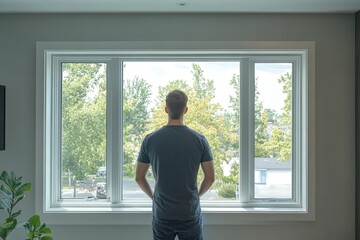 Poster - technician installing a sleek aluminum sliding window in a modern home, ensuring precise alignment