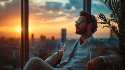 Poster - a successful business consultant thoughtfully gazes out a window contemplating strategies and soluti