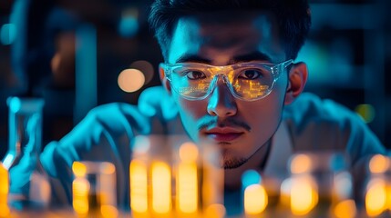 Poster - Portrait of a data scientist deeply focused on contemporary digital research and analysis in a laboratory setting showcasing his dedication to innovation technology