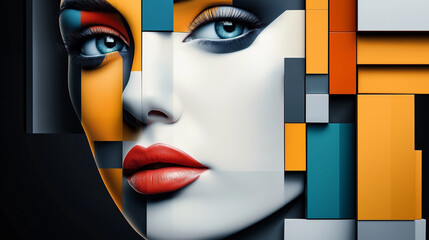 Poster - Model face emerging from colorful abstract geometric shapes