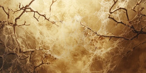 Wall Mural - dry branches with fine spider webs, the intricate designs catching the light in a quiet, untouched natural environment