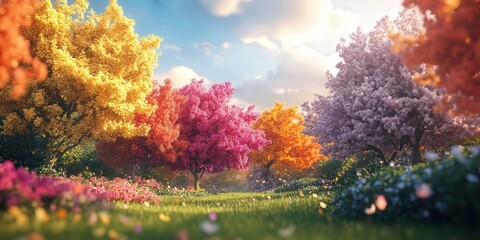 Wall Mural - lush trees in bloom, with colorful petals set against a clear, wide sky, creating a perfect harmony between nature and the heavens above