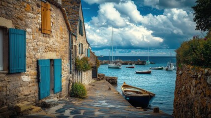 Poster - French seaside village, where the quaint buildings with their vibrant shutters sit nestled along the rocky coast