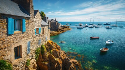 Poster - French seaside village, where the quaint buildings with their vibrant shutters sit nestled along the rocky coast