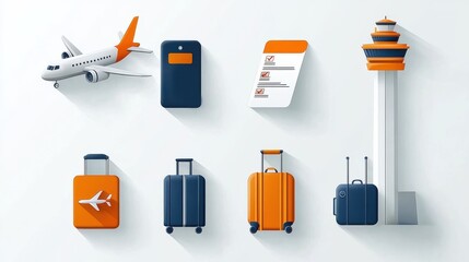 Poster - Comprehensive set of airport related icons including airplane control tower luggage boarding pass and other travel and transportation symbols in modern digital design