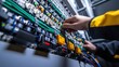 © Jorda - An intimate portrait of an electrician wiring control panels in an industrial manufacturing plant, Industrial electrical panel wiring scene, Technical and focused style