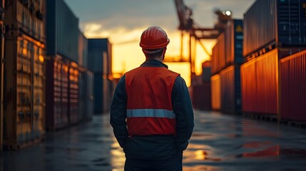 Poster - Logistician in Editorial Photography Style Standing in Sunset Warehouse Container Yard Transporting Freight Goods for Delivery and Distribution