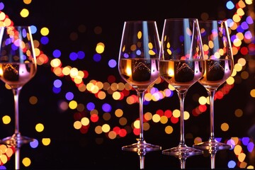 Poster - Tasty white wine in glasses on mirror surface against dark background with blurred lights, bokeh effect