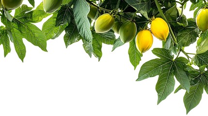 Wall Mural - Tropical papaya fruits on branch, ripe yellow and green, isolated on white, food background