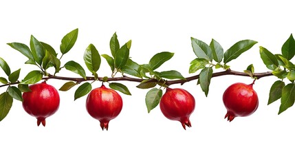 Wall Mural - Pomegranate branch with ripe fruits and green leaves on white background.  Use Food, design, recipe websites