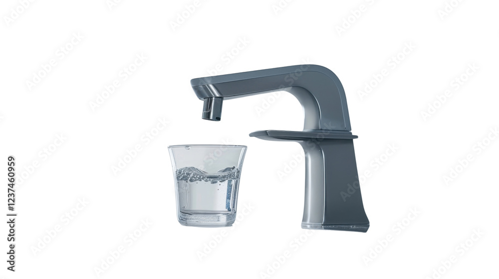 Modern water dispenser pouring fresh water into glass on transparent ...
