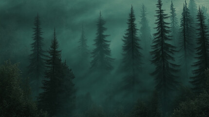 misty landscape with fir forest. misty pine forest during sunrise