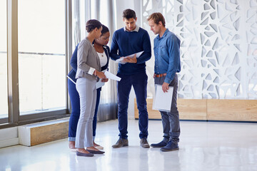 Aufkleber - Business people, planning or paperwork in startup for teamwork, budget discussion or research. Meeting, investor or collaboration for revenue growth for group project capital, ideas or development