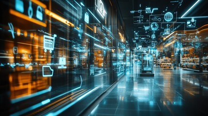 Poster - Futuristic Retail Experience: Interactive Digital Shopping Mall with Holographic Displays and Advanced Technology.