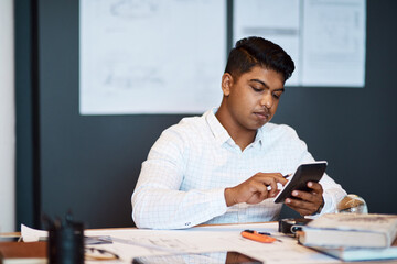 Aufkleber - Plan, man and engineer with calculator in office for blueprint measurement or construction project cost. Business, architect and electronic calculation for work, building budget or financial expenses