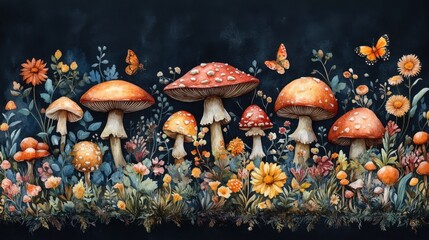 Wall Mural - A decorative border of mushrooms and forest plants on a black background, painted in a watercolor style. The scene includes various types of mushrooms,