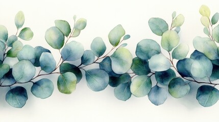 Wall Mural - A seamless pattern with watercolor eucalyptus, their leaves painted in soft pastel greens and blues, creating an organic flow between elements on the white canvas background, 