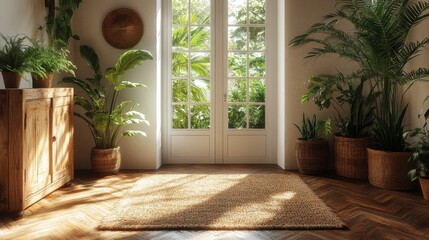 Wall Mural - A small rectangular floor mat is placed at the entrance welcome, wood grain floor, white wall, white door, wooden cabinet on one side and potted greenery on the other side.