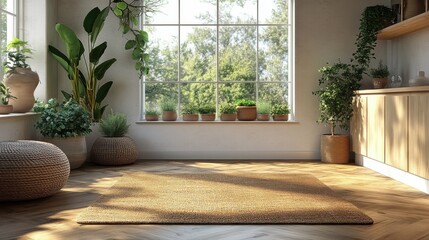 Wall Mural - A small rectangular floor mat placed in the entry welcoming doorway with wood grain flooring, white walls and white door with wooden cabinets on one side and potted greenery over again.