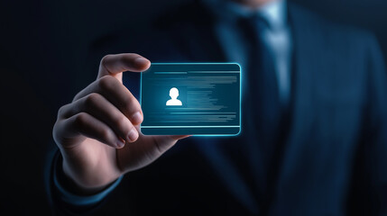 Poster - Businessman holding futuristic id card with personal information and code programming in cyberspace