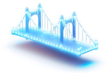 Illuminated suspension bridge, city night, isometric view, website design