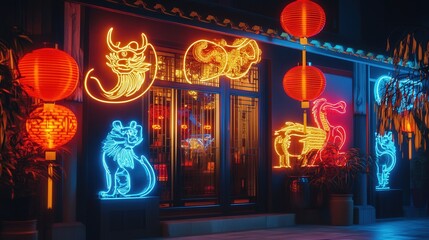 Poster - modern styles with glowing neon lights shaped like zodiac animals and classic Chinese lanterns.
