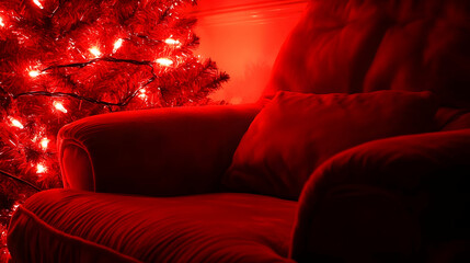 Poster - Red armchair by Christmas tree, cozy room