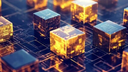 Poster - Glowing Data Cubes on Circuit Board: A Futuristic Digital Landscape