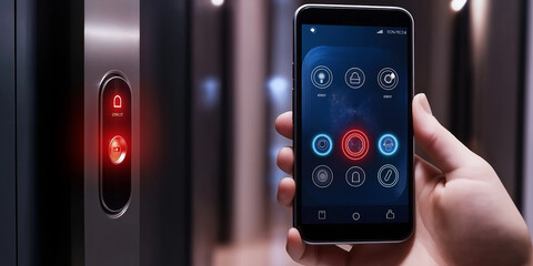 Poster - Businessman using smartphone to control smart home devices and opening door