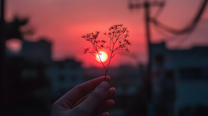 Poster - Sunset silhouette, hand holding flower, city backdrop, peaceful evening