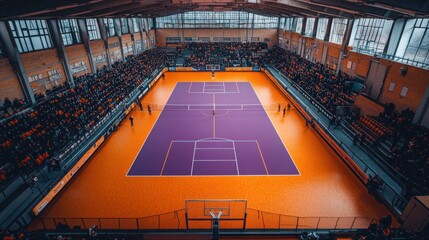 Wall Mural - A purple and orange floor of an indoor volleyball court with white lines, shot from above, crowd cheering in background blured captured by the best camera in town! -