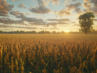 Sticker - Golden wheat field sunset, lone tree, calm landscape, idyllic rural scene