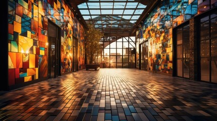 Wall Mural - A dynamic 3D urban setting combining colorful mosaic art with industrial decor elements--weathered metal surfaces, reclaimed wood, and soft golden light for a warm, inviting atmosphere. 