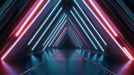 Aufkleber - Futuristic dark corridor with glowing neon lights forming triangles