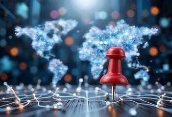 Poster - Red Pushpin Marking Global Network Connections