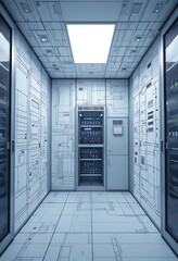 Poster - Modern Server Room with Blueprint Decorated Walls