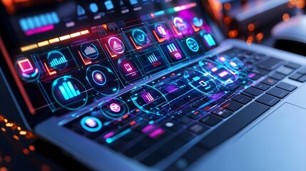 futuristic laptop with neon ui interface - neon