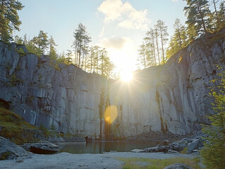 Poster - Sun setting over a quarry lake