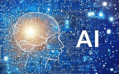 Poster - A glowing digital brain integrated into a futuristic circuit board with 