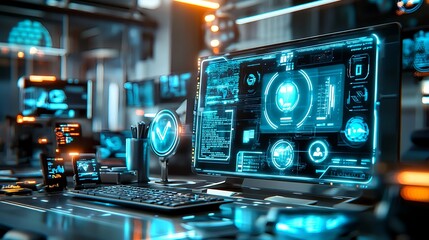 futuristic tech interface desktop screen - cyberpunk aesthetics