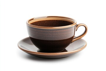 A dark brown ceramic teacup and saucer set