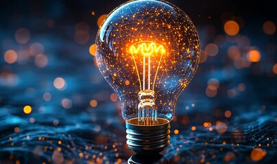 Wall Mural - A glowing light bulb illuminating a dark, textured background filled with shimmering particles